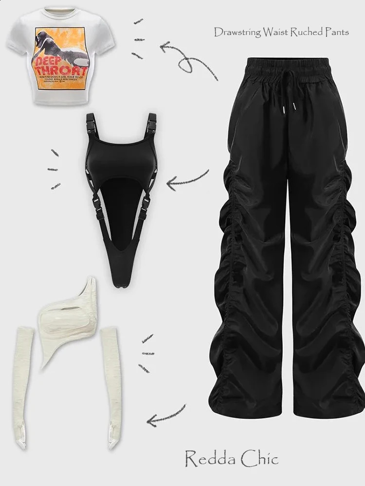 REDDACHiC Solid Black Drawstring Waist Ruched Pants Women Loose Casual Slacks Wide Leg Stacked Sweatpants Acubi Fashion Clothes 240906