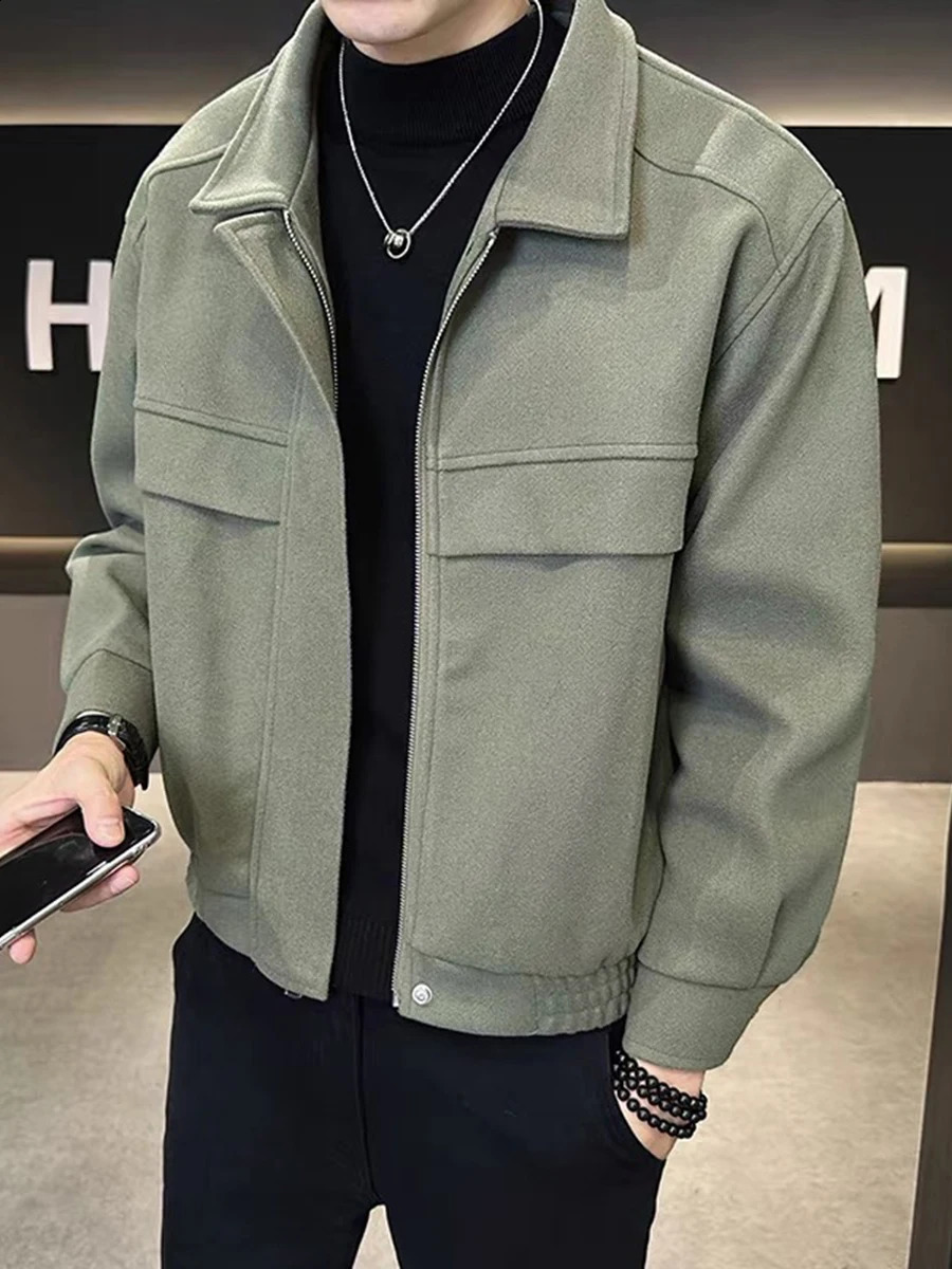 mens wool coat Korean short spring autumn solid color pattern tight zipper dress clothing E09 240904