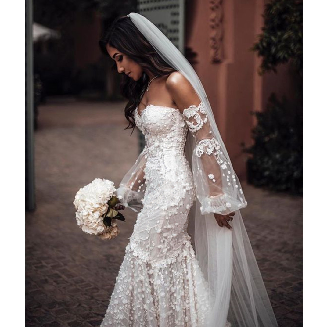 Floral Boho Off The Shoulder Wedding Dress Lace Appliquues Beach Mermaid Bride Gown Backless de Robe