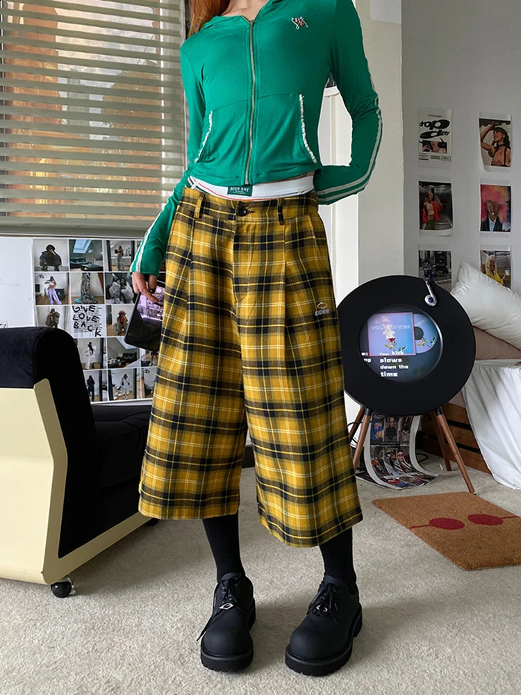 REDDACHiC 90s Skater Low Rise Plaid Shorts Women Embroidery Loose Sweatpants Oversize Pintuck Cotton Baggy Jorts Hiphop Clothes 240906