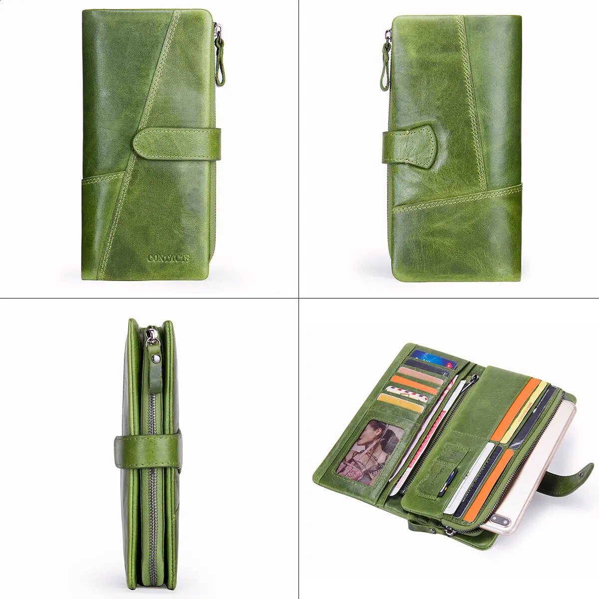 CONTACTS Genuine Leather Women Wallet Long Fashion Card Holders Female Bag Zip Coin Purses Womens Wallets 240904
