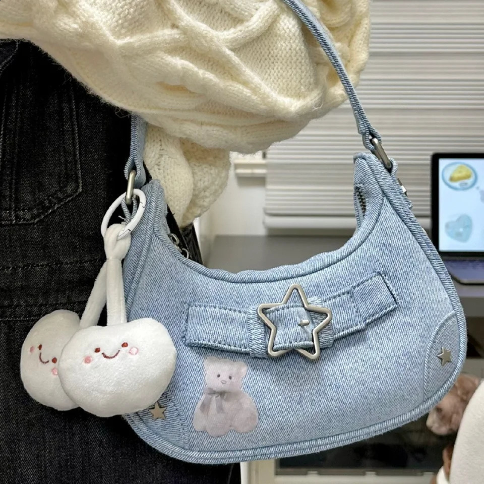 Fashion Womens Handbags Canvas Shoulder Bags Ladies Y2K Star Decor Underarm Bag Vintage Clutch Purses Casual Women Hobo 240907
