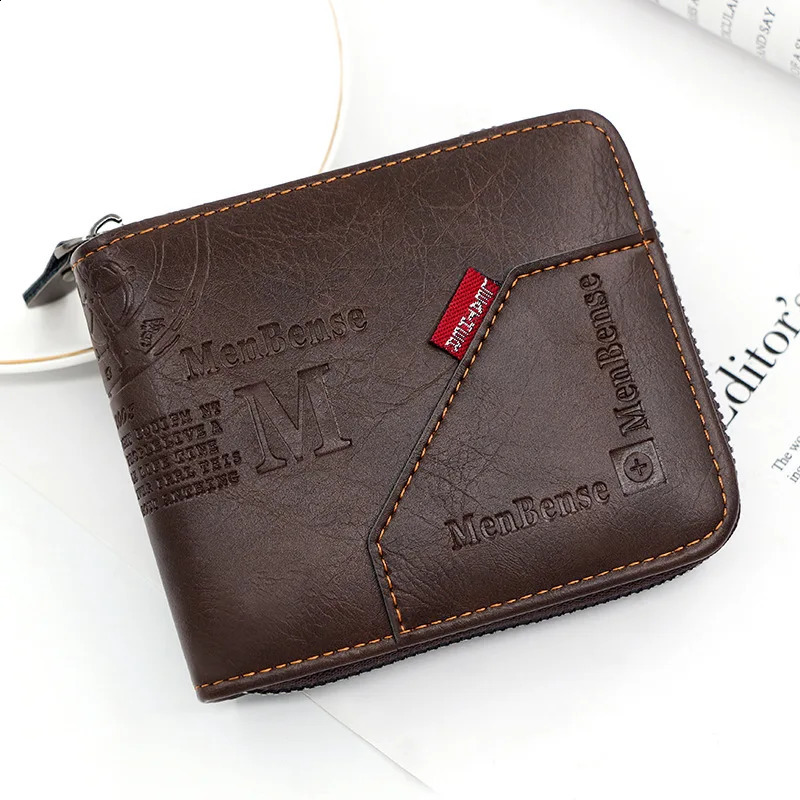 Mens wallet made of leather wax oil mens leather wallet coin wallet short mens card clip wallet zipper coin wallet 240907