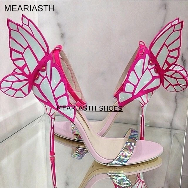 Butterfly Wing Women High Heel Woman Shoes Stiletto Pink Fur Decor Sandals Colorful Thin Heels Wedding Bride Shoe