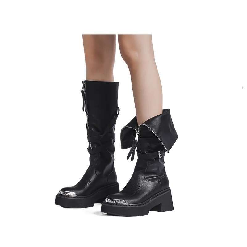 2024 Two Wear Pointed Metal Head High Tube Fashion Long Women's Spring New Front Zipper Thick Sole Heightening Knight Boots