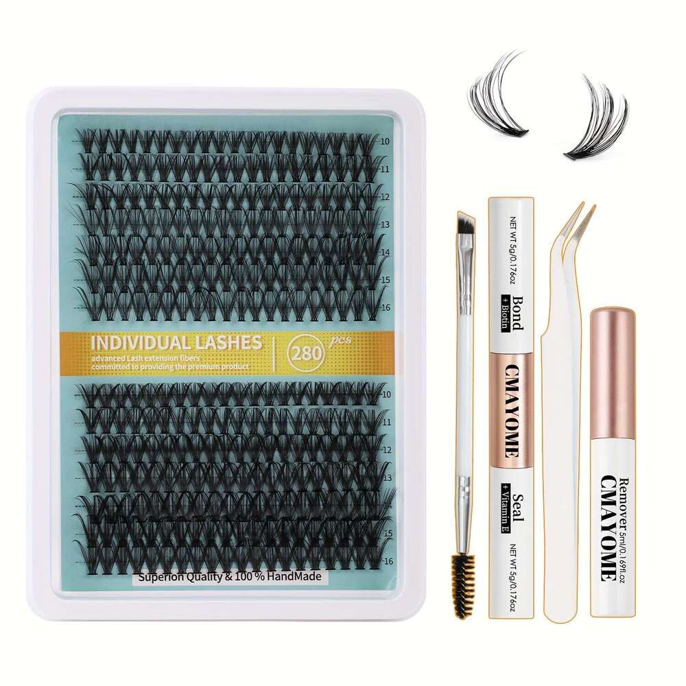 DIY extension kit containing 280 individual eyelashes, equipped with tweezers, glue, makeup remover, eyelash brush suitable for home, travel, and outd