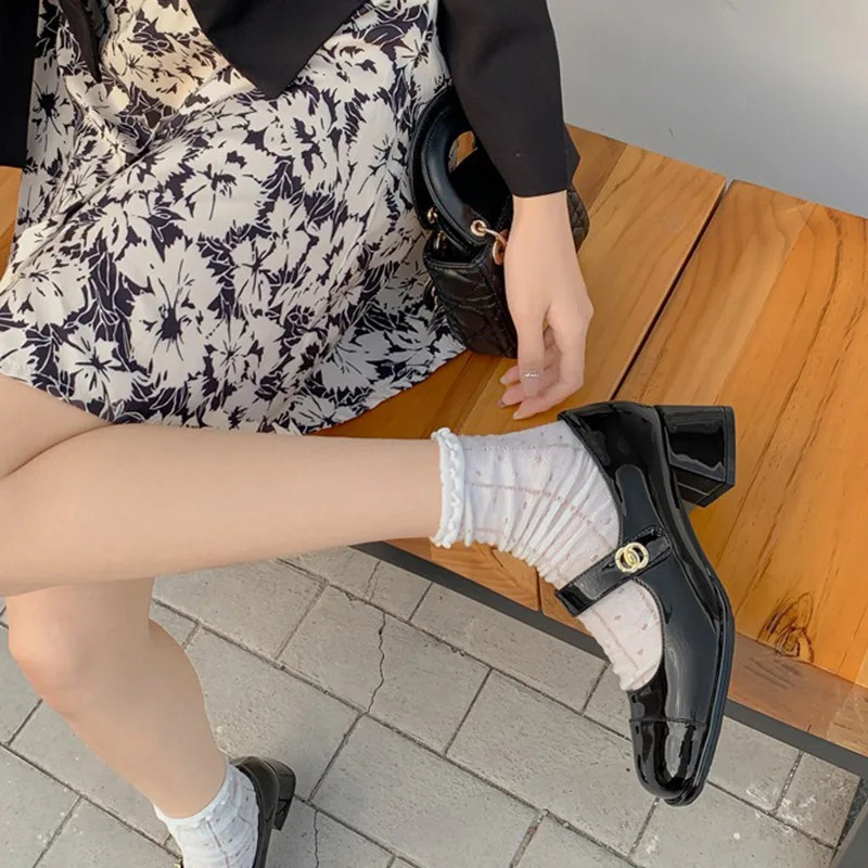 Women 2.5cm 4.5cm Square Toe High Heels Party Pumps Female classical Casual Leather Lace Up Block High Heels Mary Jane Shoes 240903