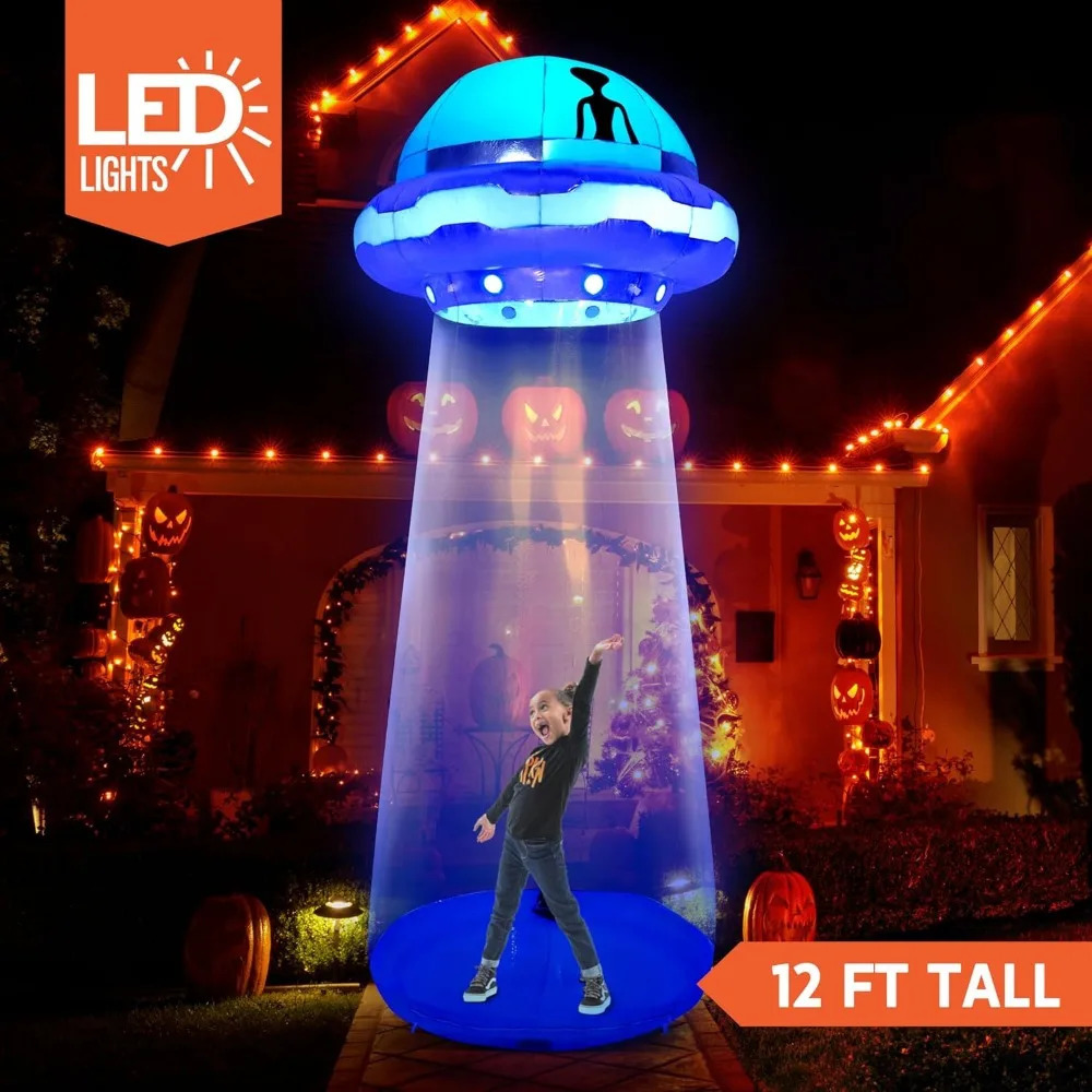 12 FT Tall Halloween Inflatables Outdoor Decorations Builtin LEDs UFO Cow Blow Up 240907