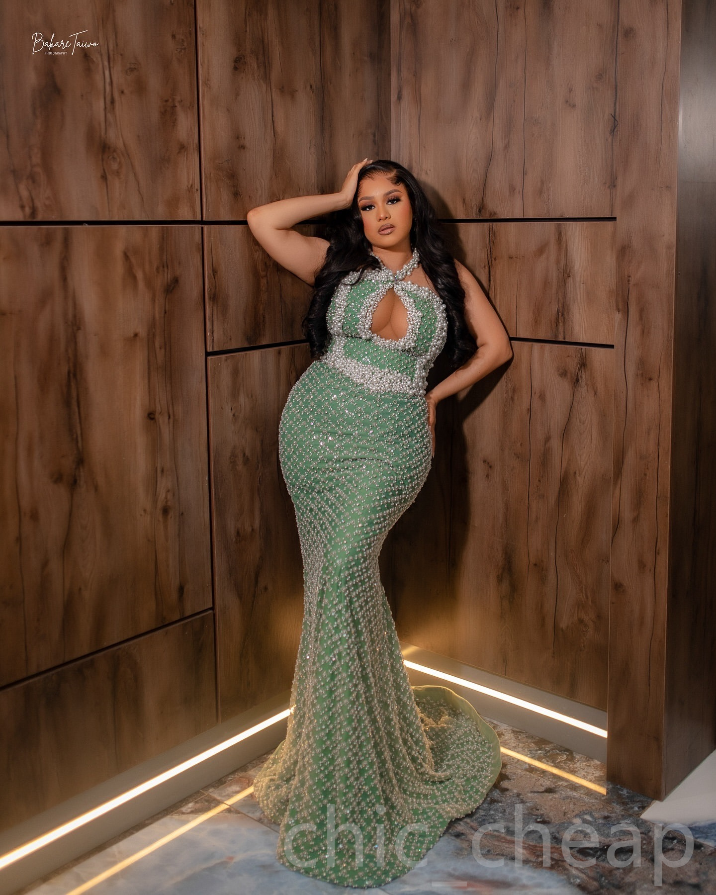 2024 Sage Mermaid Prom Dresses For Special Occasions Pearls Sequined Lace Halter Evening Formal Party Second Reception Birthday Engagement Gowns Dress