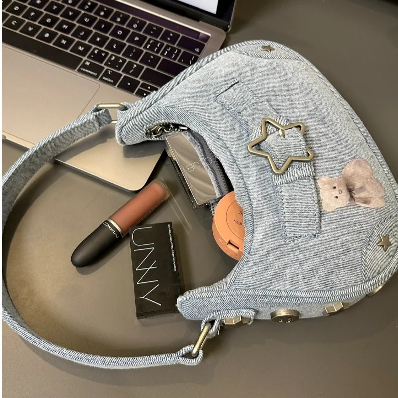 Fashion Womens Handbags Canvas Shoulder Bags Ladies Y2K Star Decor Underarm Bag Vintage Clutch Purses Casual Women Hobo 240907
