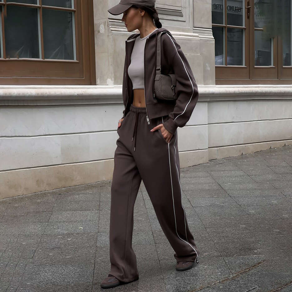 Half high neck double zipper sweatshirt sports suit fashionable street side striped contrasting two-piece set