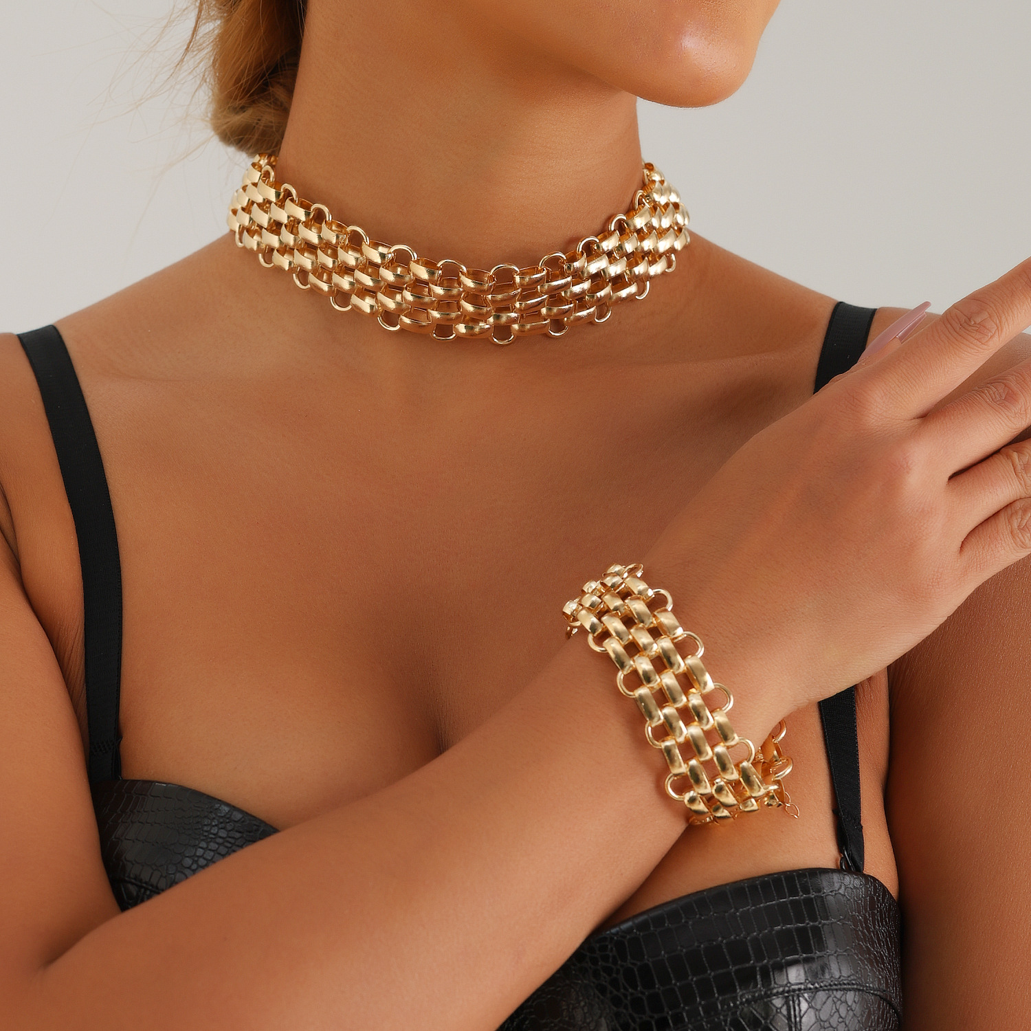 Exaggerated Punk Thick Necklace And Bracelet Jewelry Set For Women Stainless Steel Gold Plated Silver Color Choker Necklace Party Jewelry Gifts Y2K Ra
