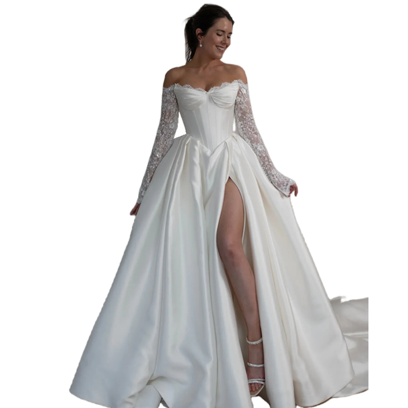 Off Shoulder Satin A Line Wedding Dresses Side Slit Corset White Bridal Gowns Lace Appliques Beaded Long Sleeves Modern Robe De Mariee