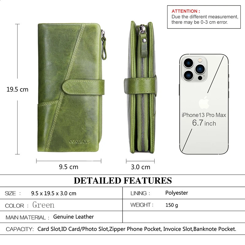 CONTACTS Genuine Leather Women Wallet Long Fashion Card Holders Female Bag Zip Coin Purses Womens Wallets 240904