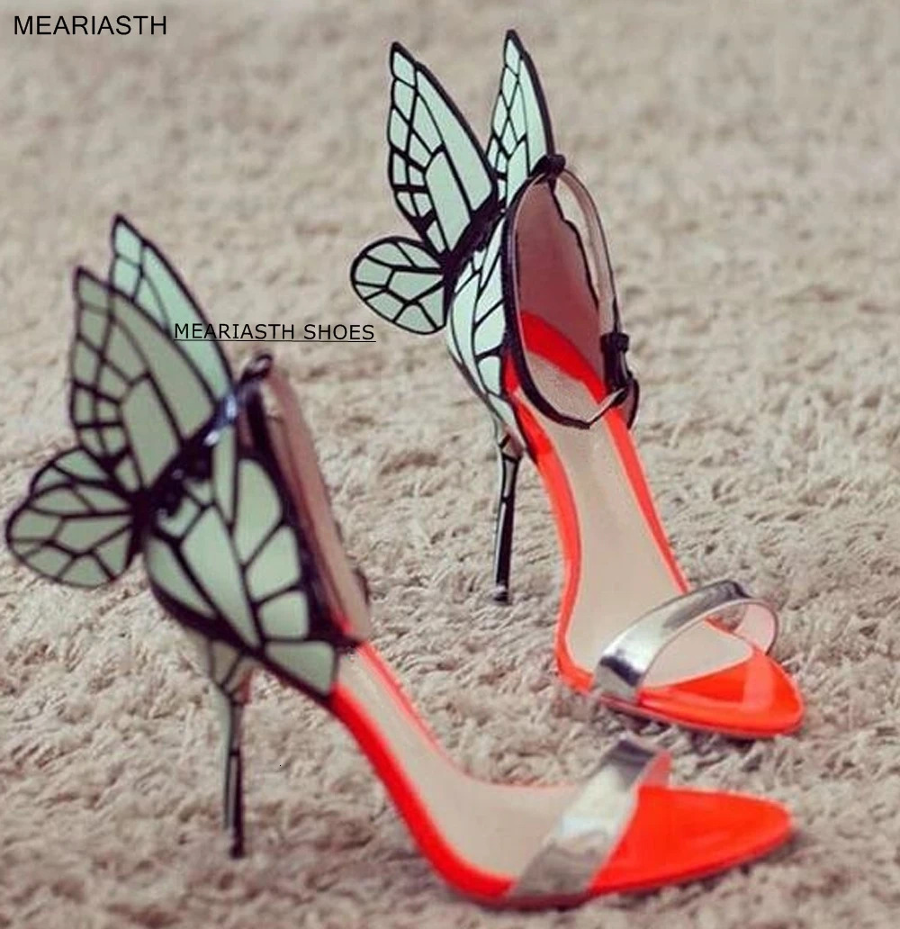 Butterfly Wing Women High Heel Woman Shoes Stiletto Pink Fur Decor Sandals Colorful Thin Heels Wedding Bride Shoe