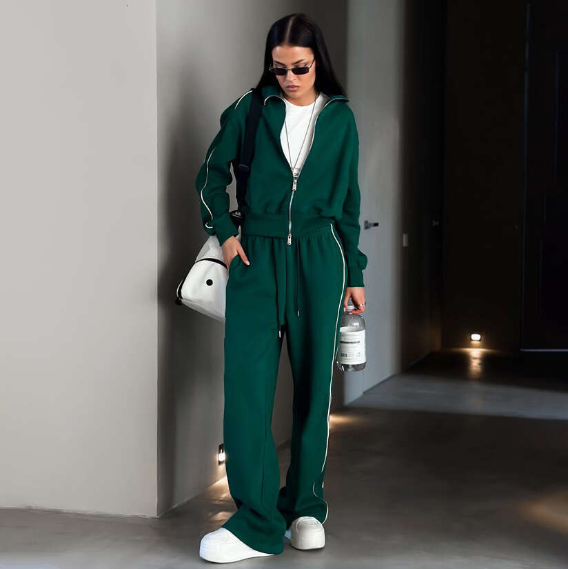 Half high neck double zipper sweatshirt sports suit fashionable street side striped contrasting two-piece set