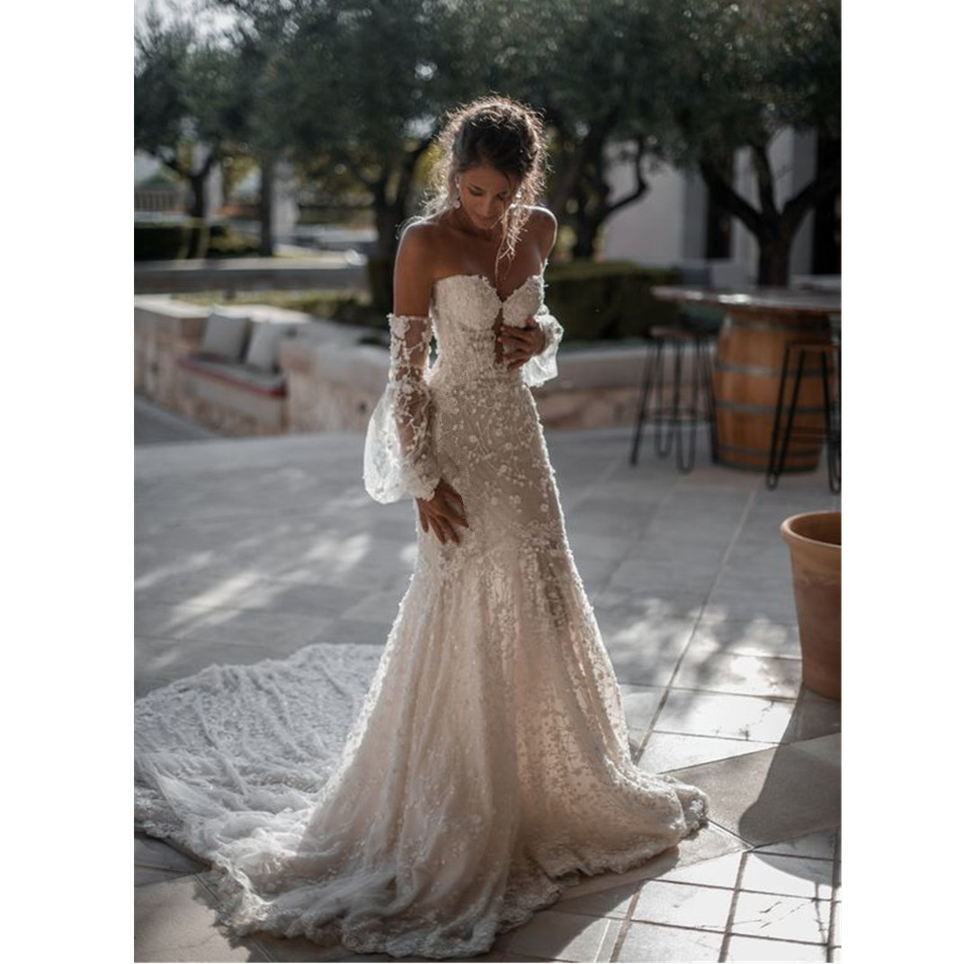 Floral Boho Off The Shoulder Wedding Dress Lace Appliquues Beach Mermaid Bride Gown Backless de Robe