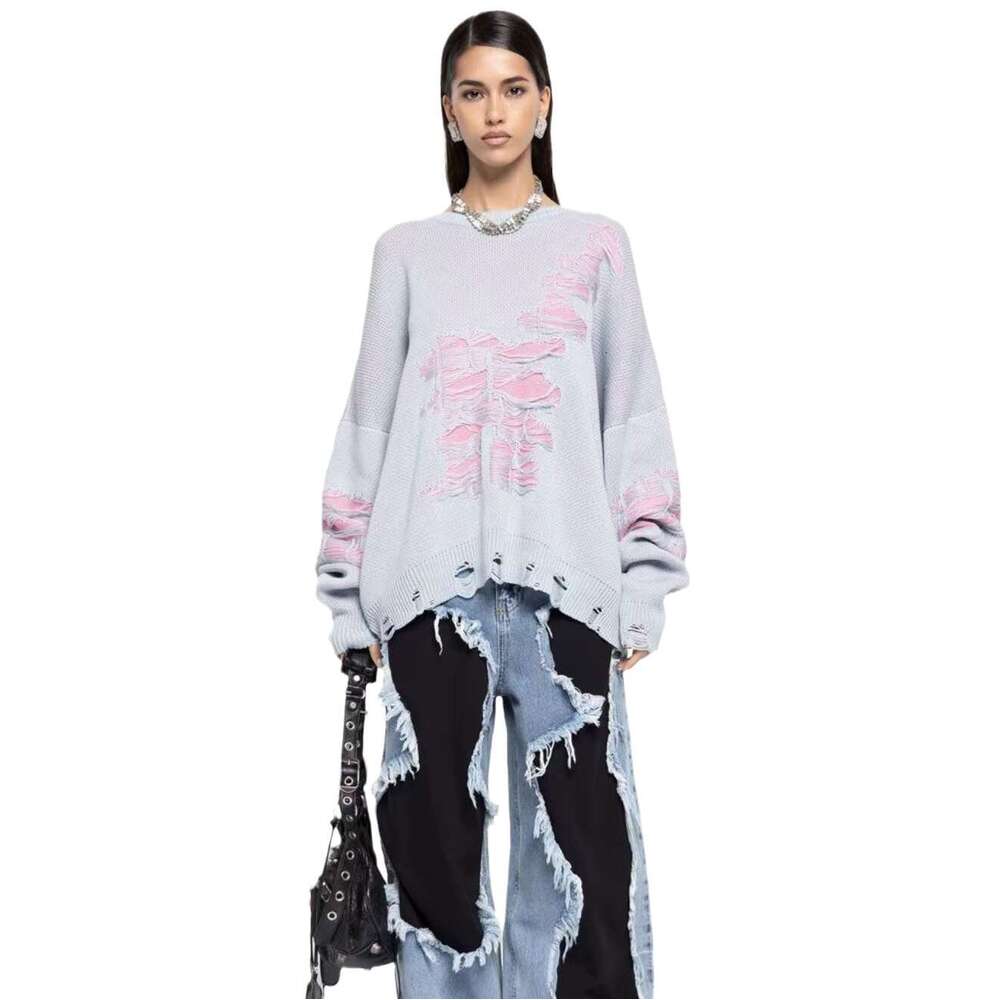 Wasteland casual loose worn-out sweater for women's tricolor pullover long sleeved ins style spicy girl top