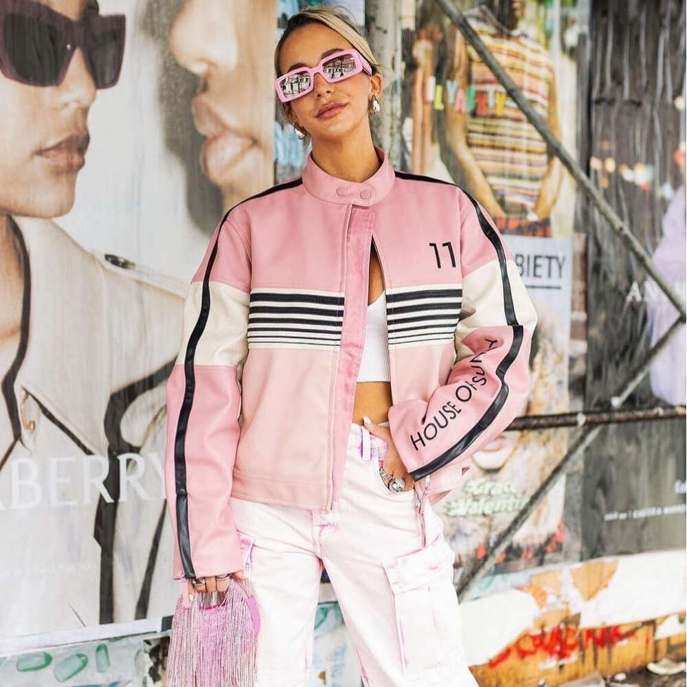 Dopamine striped contrasting patchwork leather jacket for women with a high-end motorcycle style stand up collar and printed back