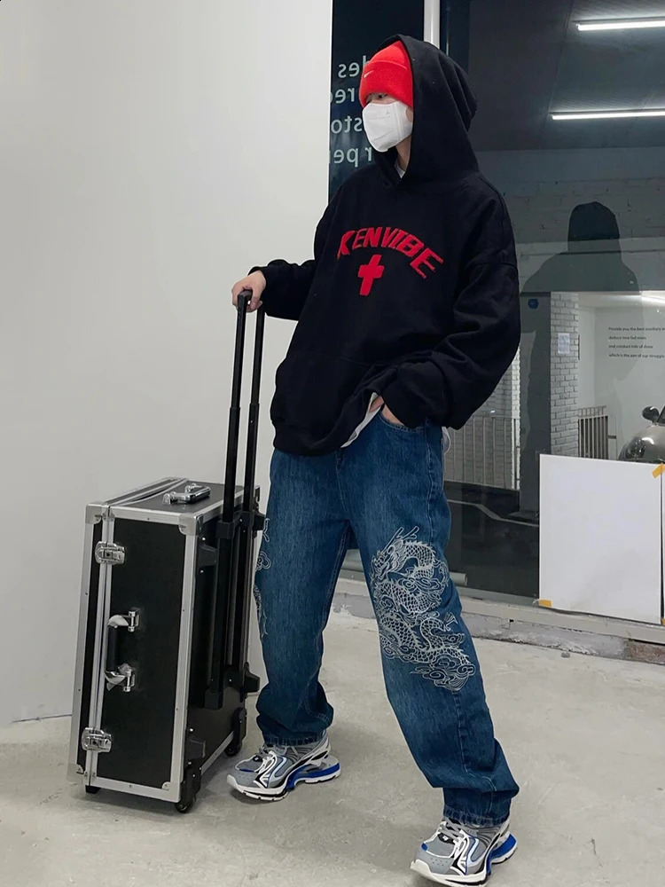 REDDACHiC Hiphop Men Dragon Baggy Jeans Blue Wash Straight Wide Leg Pants Embroidered Casual Pants Retro Y2k Harajuku Streetwear 240906