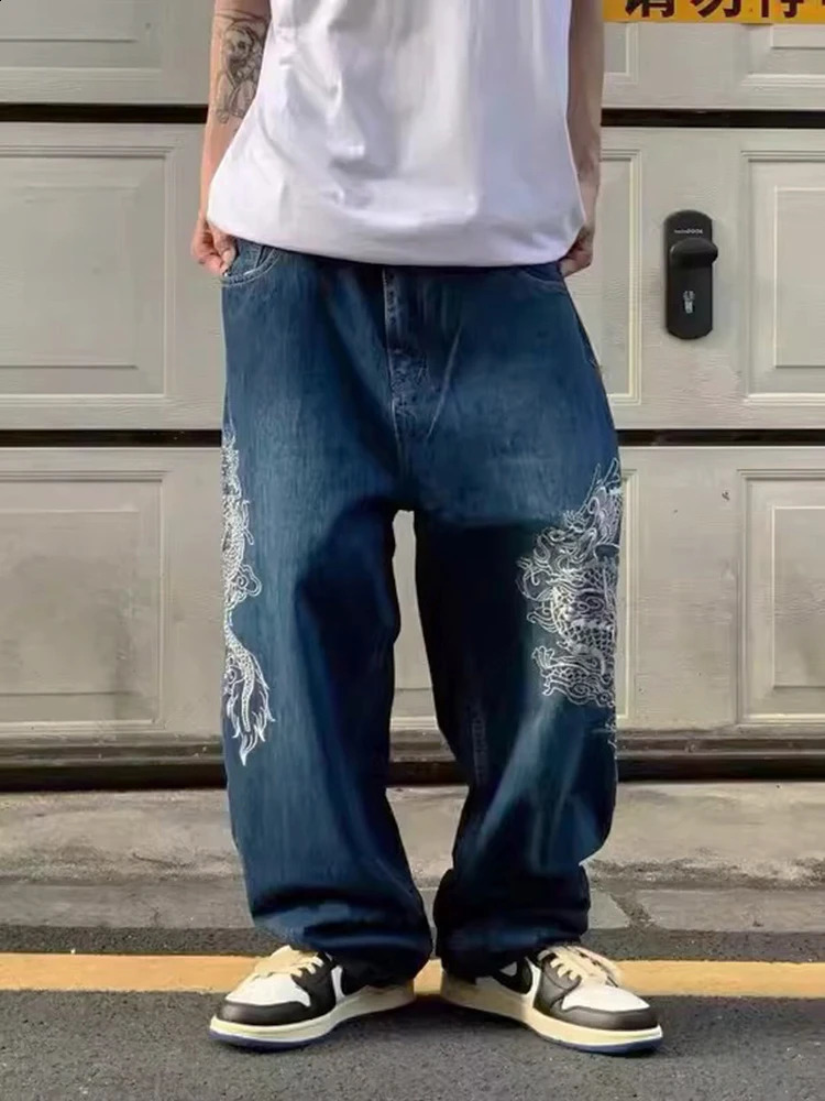 REDDACHiC Hiphop Men Dragon Baggy Jeans Blue Wash Straight Wide Leg Pants Embroidered Casual Pants Retro Y2k Harajuku Streetwear 240906