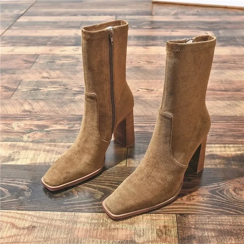 Autumn and Winter Leather Suede Mid-calf High Heel Zipper Versatile Khaki Elegant Womens Short Boots 240906 b0d6