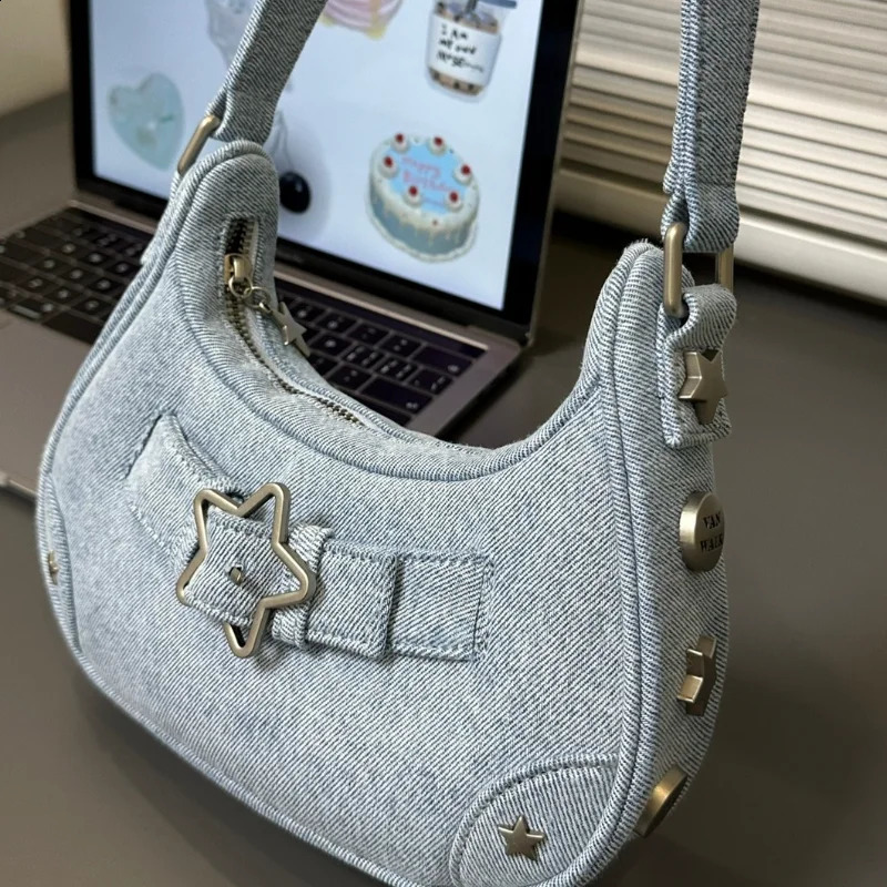 Fashion Womens Handbags Canvas Shoulder Bags Ladies Y2K Star Decor Underarm Bag Vintage Clutch Purses Casual Women Hobo 240907