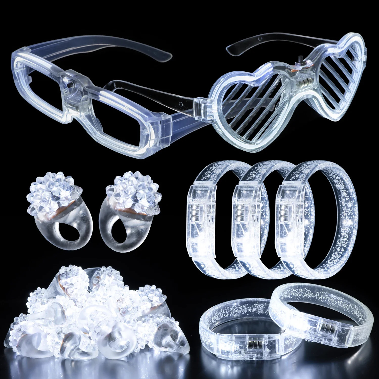 White Wedding Mix Sets LED Light Up Glasses Glow Bracelets and Flashing Bumpy Rings Wedding Party Favors Supplies 240906