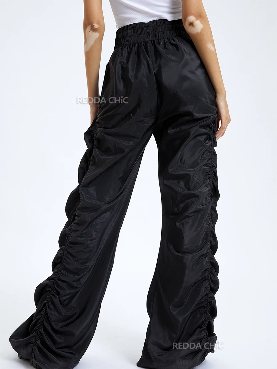 REDDACHiC Solid Black Drawstring Waist Ruched Pants Women Loose Casual Slacks Wide Leg Stacked Sweatpants Acubi Fashion Clothes 240906