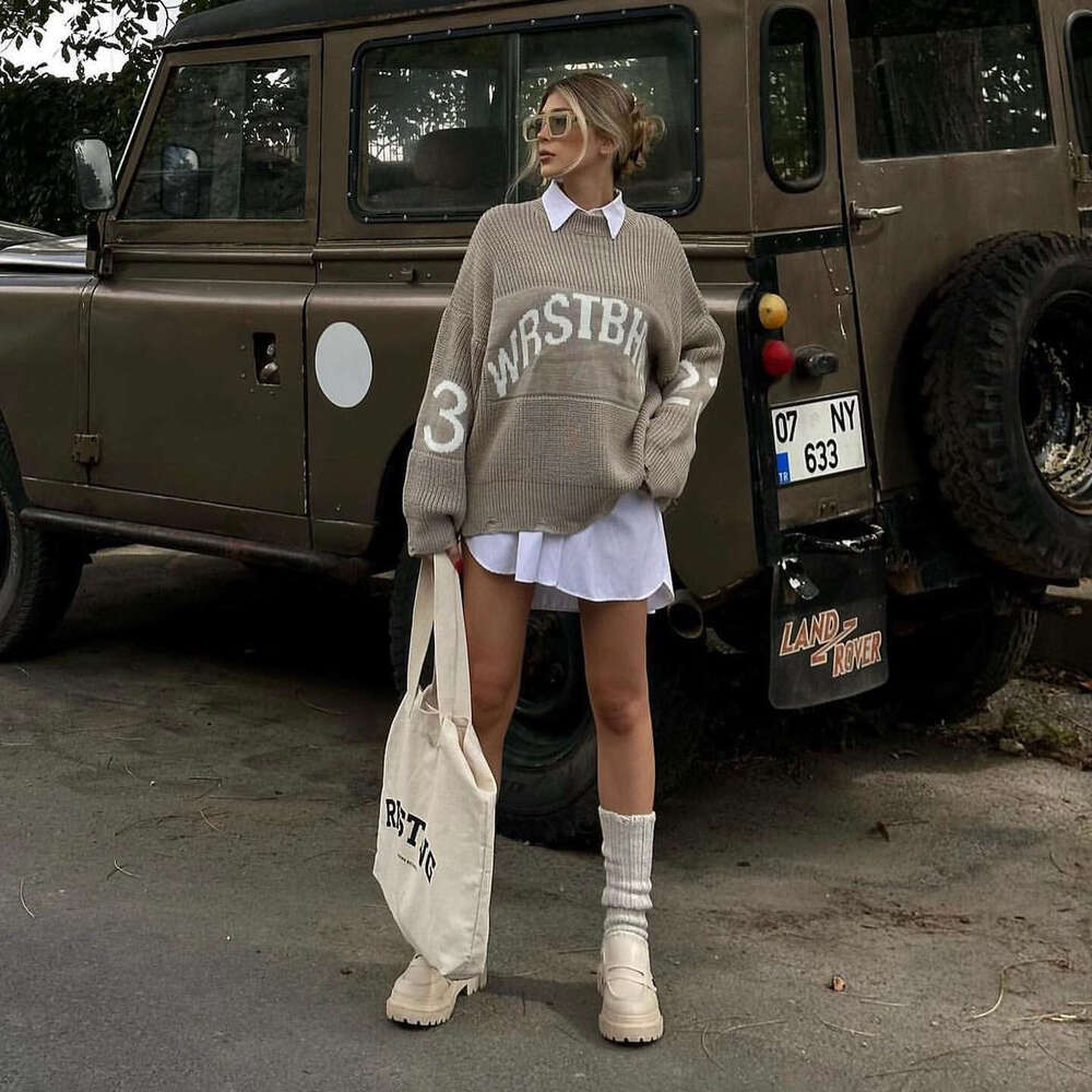 Lazy ribbed round neck loose letter women's autumn and winter new style personalized high-end pullover sweater