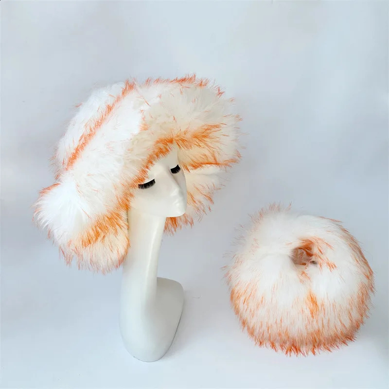 Fluffy oversized Y2K bucket hat large brim hat womens winter wool warm thick raccoon dog hat bucket hat women 240906