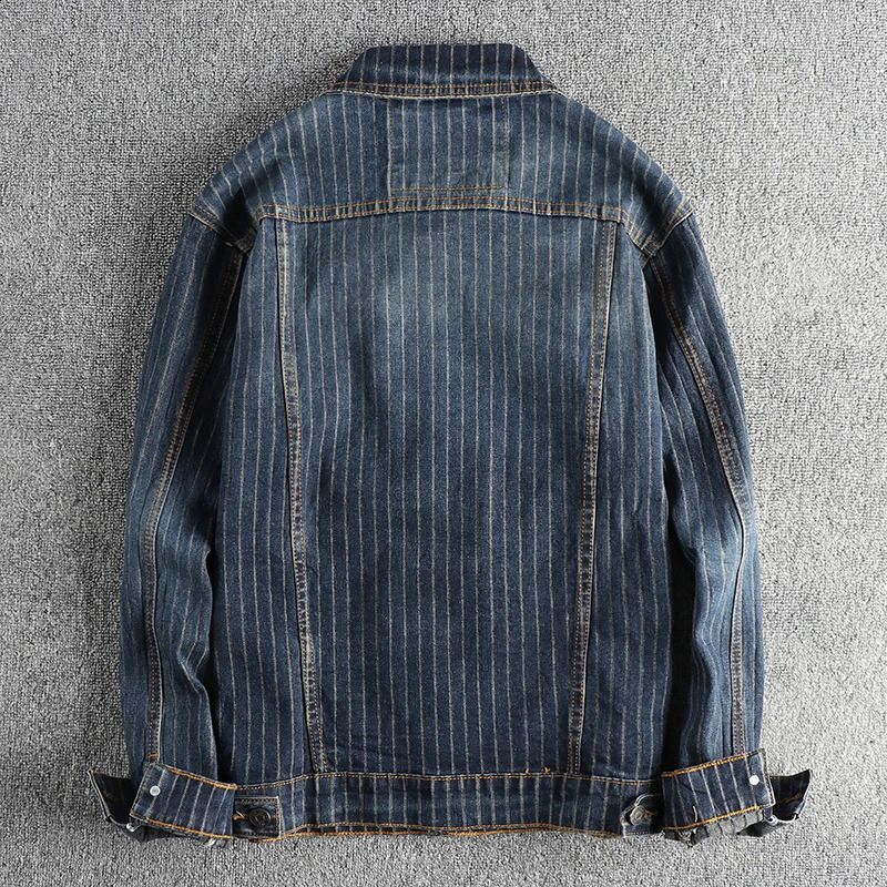 Khaki retro washed striped denim jacket suitable for mens comfortable and loose casual American 240904
