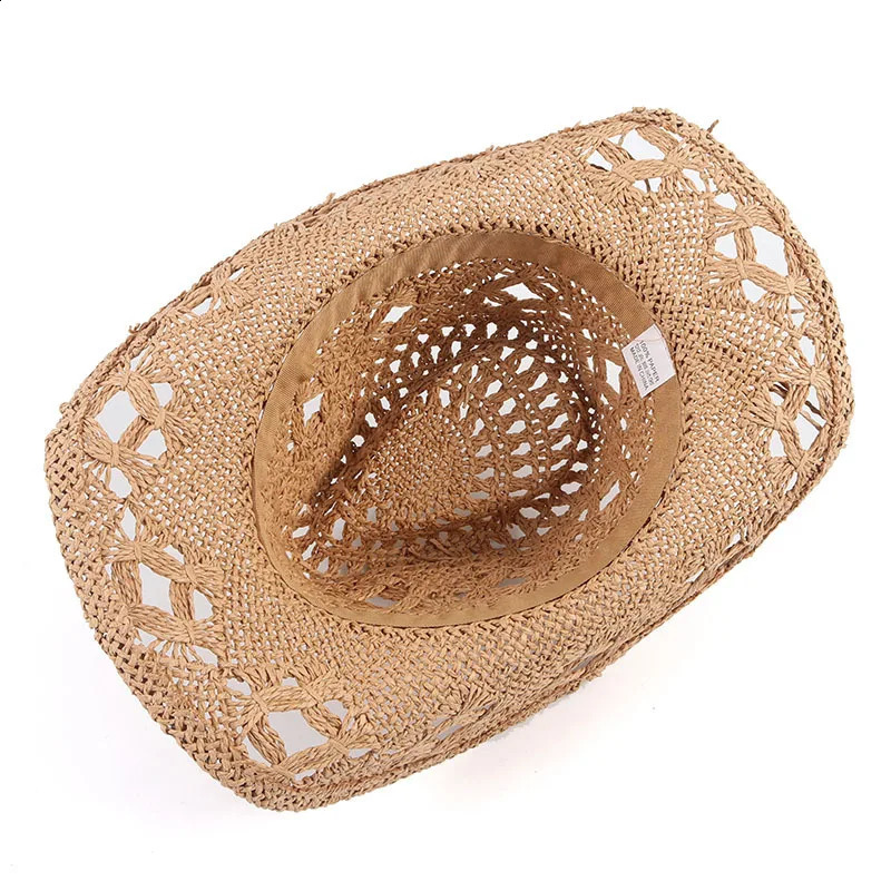 Summer outdoor mens and womens hand woven Western cowboy straw hat wide brown breathable beach jazz hat sun protection hat 240906