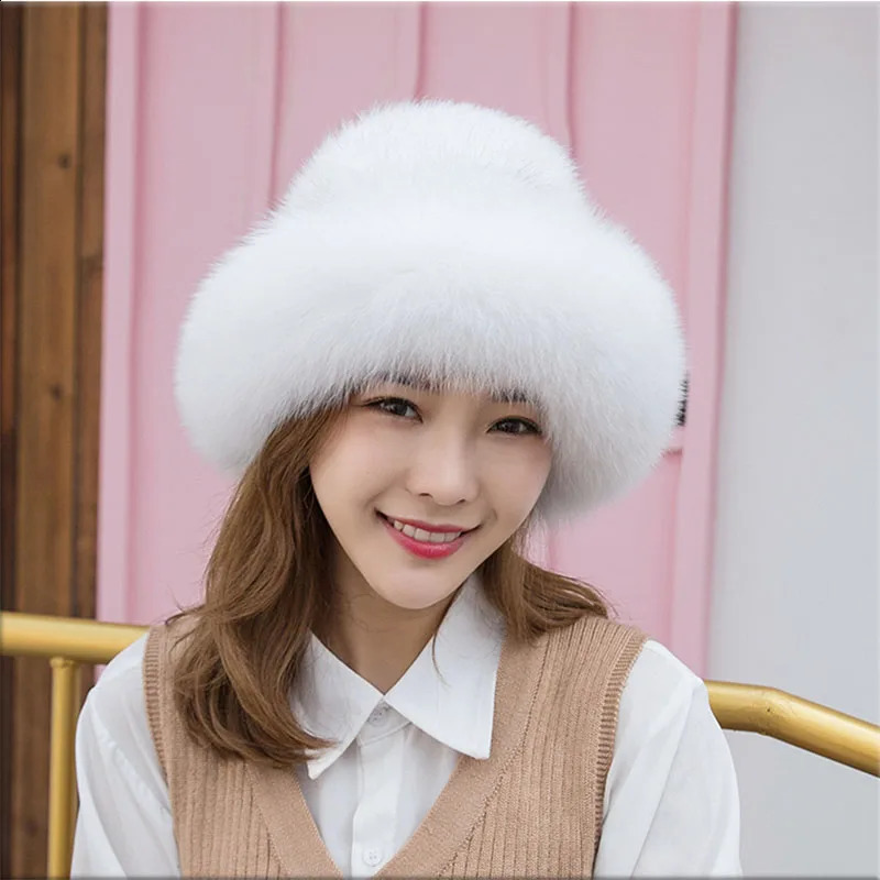 real mink woven hat pure natural fox hair fishermans hat winter warm fashion womens fox fur mink fur hat 240906