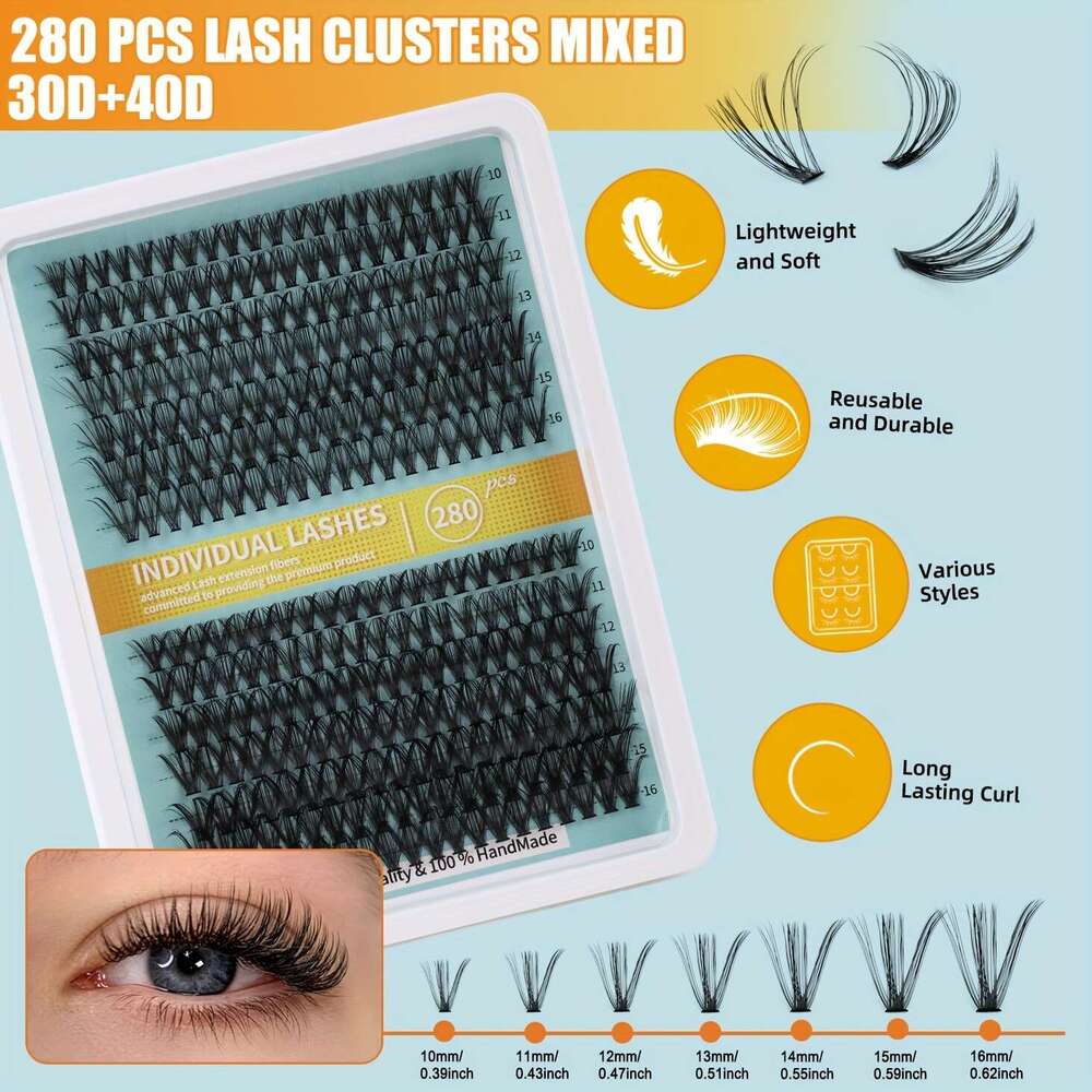 DIY extension kit containing 280 individual eyelashes, equipped with tweezers, glue, makeup remover, eyelash brush suitable for home, travel, and outd
