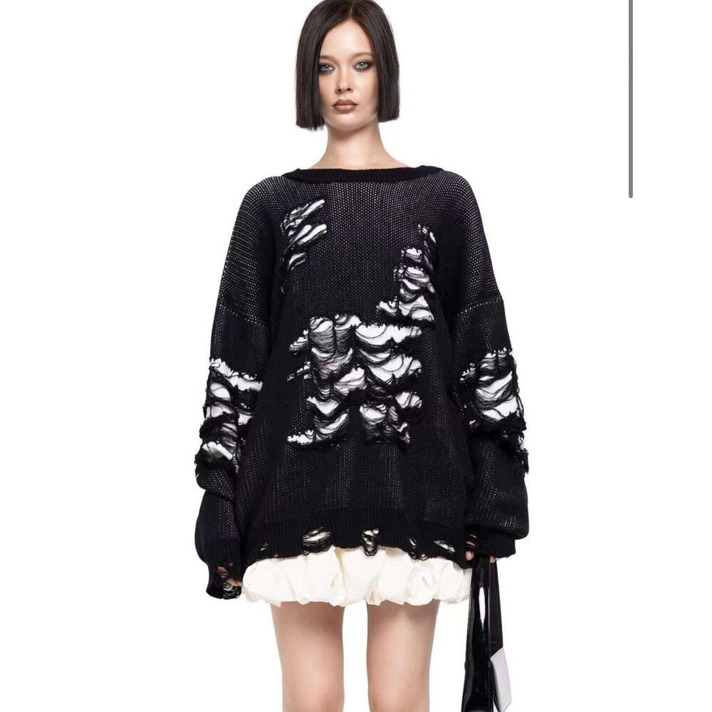 Wasteland casual loose worn-out sweater for women's tricolor pullover long sleeved ins style spicy girl top