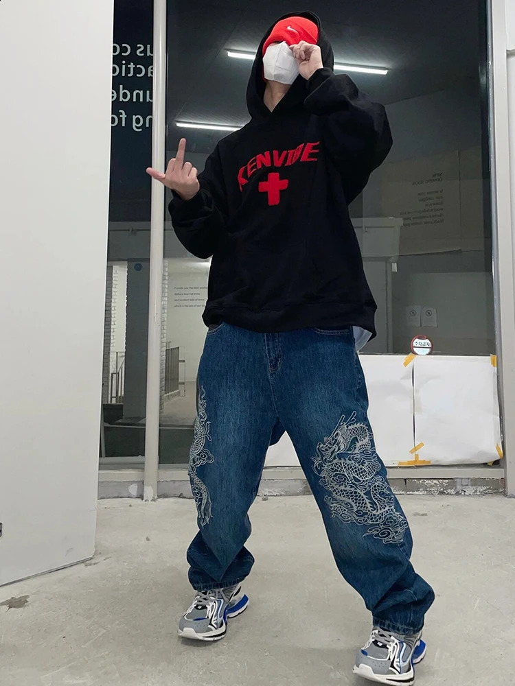REDDACHiC Hiphop Men Dragon Baggy Jeans Blue Wash Straight Wide Leg Pants Embroidered Casual Pants Retro Y2k Harajuku Streetwear 240906