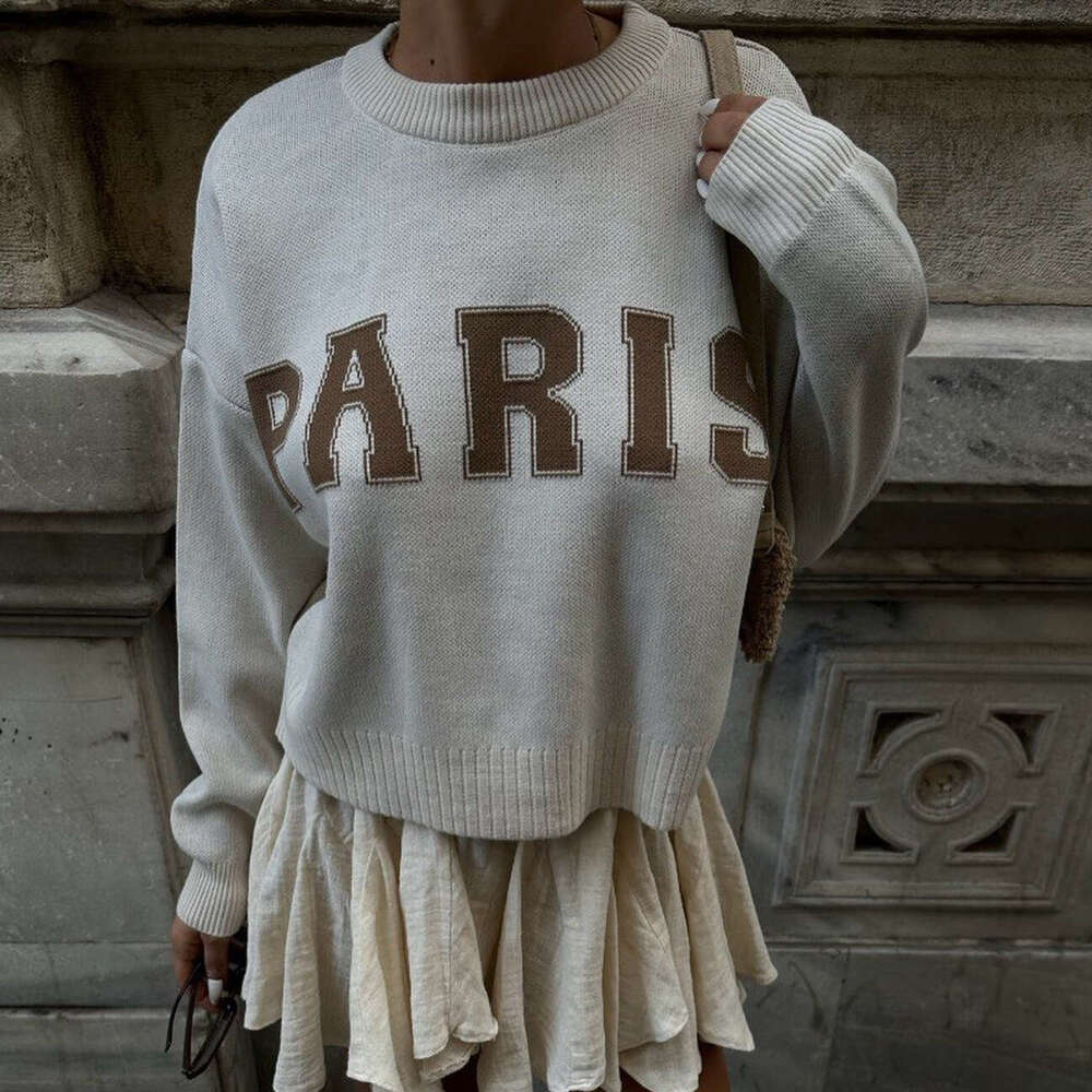 Round neck letter loose short pullover sweater versatile autumn and winter, street wide ribbed knit top with lazy style for women