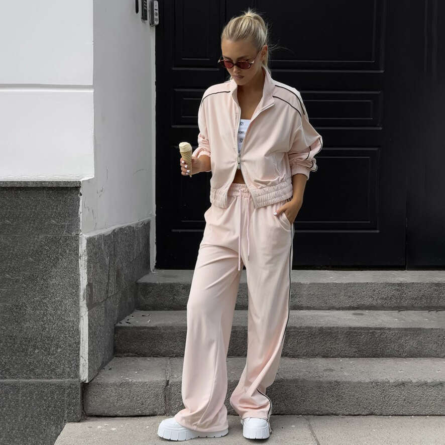 Half high neck double zipper sweatshirt sports suit fashionable street side striped contrasting two-piece set