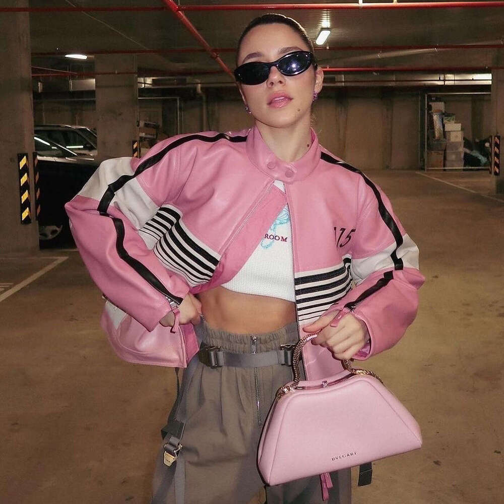 Dopamine striped contrasting patchwork leather jacket for women with a high-end motorcycle style stand up collar and printed back