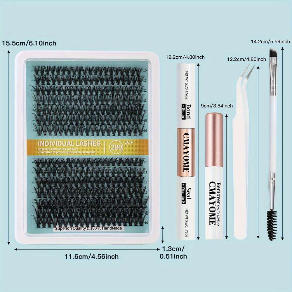 DIY extension kit containing 280 individual eyelashes, equipped with tweezers, glue, makeup remover, eyelash brush suitable for home, travel, and outd