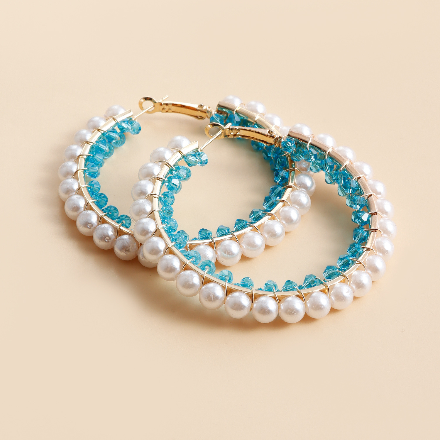 Exaggerated Pearl Blue Crystal Hoop Earrings For Women Gold Plated Zinc Alloy Luxury Big Circle Vintage Fashion Jewelry Party Birthday Gifts