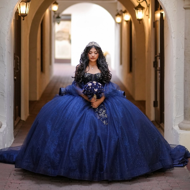 Royal Blue Shiny Princess Ball Gown Charming Quinceanera Dresses Applique Lace Beads Crystal Tull Sweet 16 Dress Vestido De 15 Anos