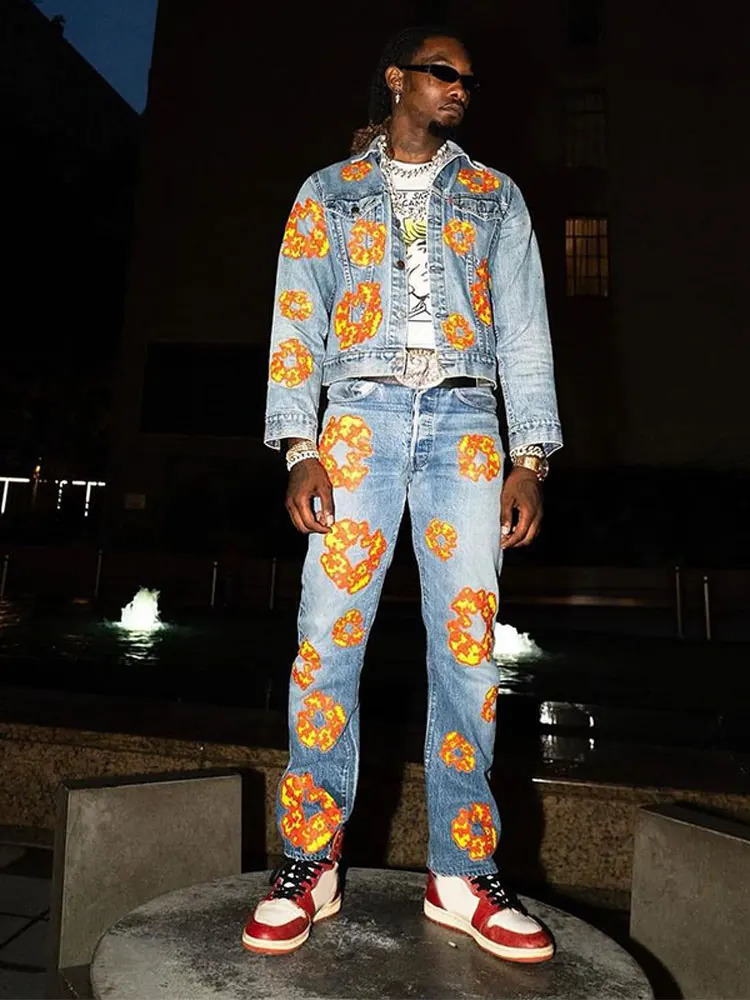 Hip Hop High Retro denim jacket pants mens printed collar button striped jeans 2piece set Trouser 240903