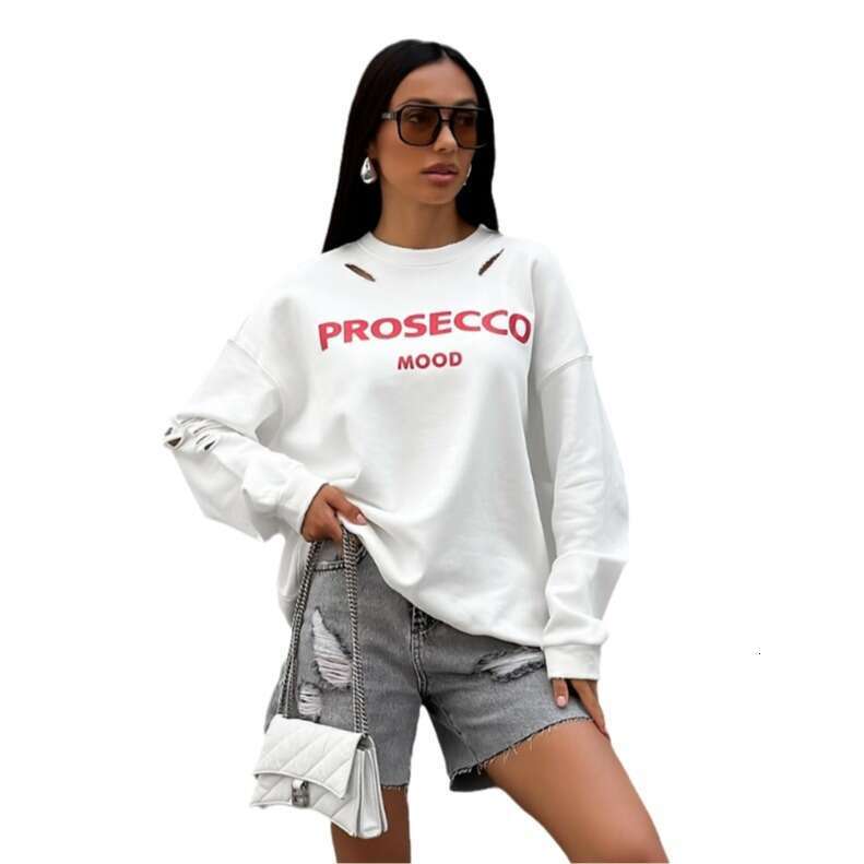 Round neck letter hole sweatshirt fashionable ins style mid length loose print pullover top niche