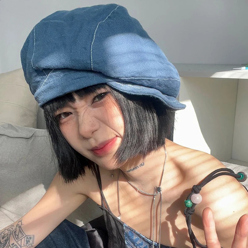 Spring and Summer Laundry Denim s Boys Hat Womens Cotton Linen Octagonal Hat British Female Painter Hat Men Boyna Beret Gorilla 240905