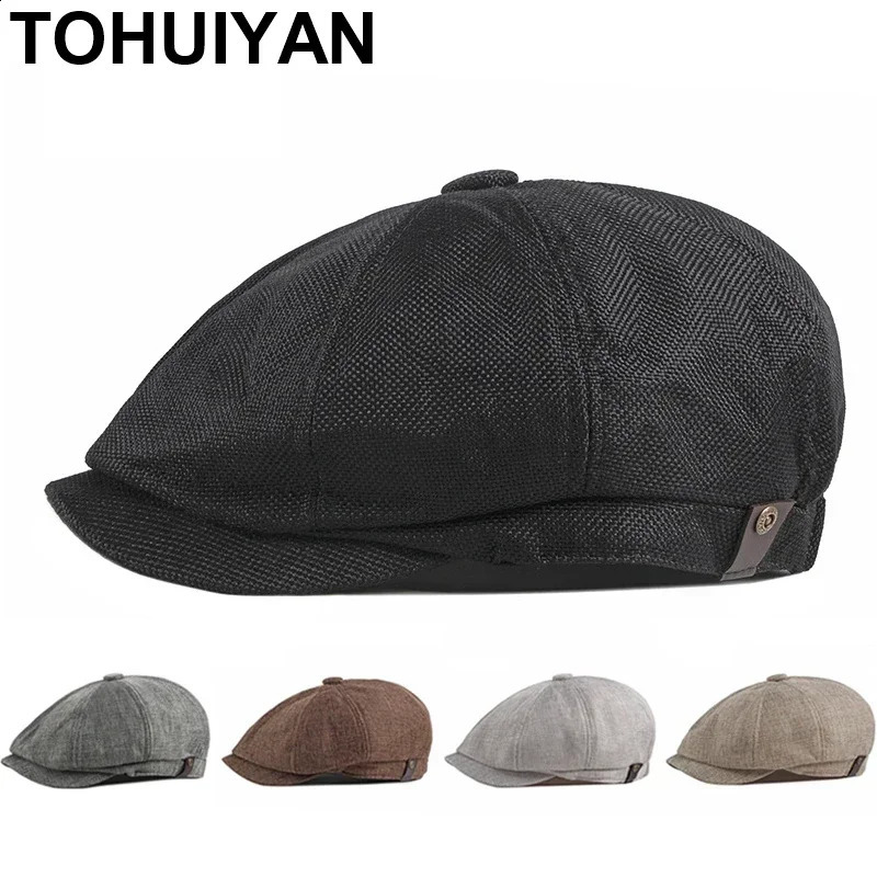 Classic linen mens beret summer breathable s boy hat Boina Hombre Gatsby hat casual womens Gorras Para Mujer flat top hat 240829