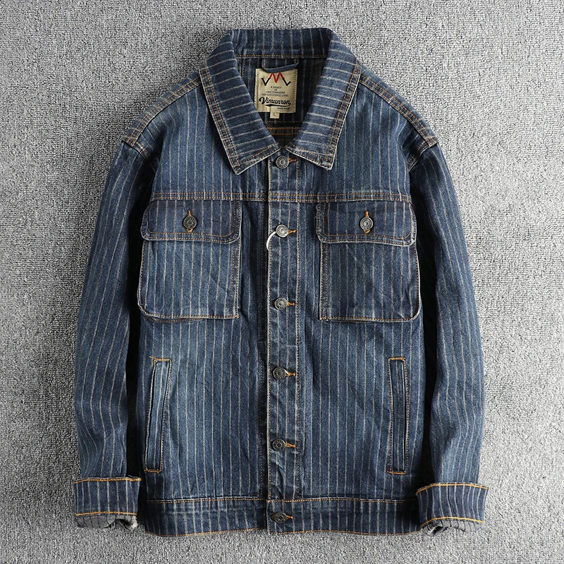 Khaki retro washed striped denim jacket suitable for mens comfortable and loose casual American 240904