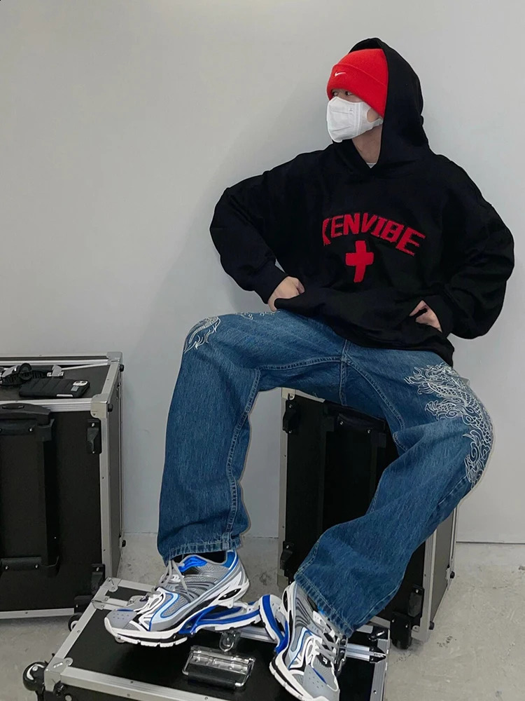 REDDACHiC Hiphop Men Dragon Baggy Jeans Blue Wash Straight Wide Leg Pants Embroidered Casual Pants Retro Y2k Harajuku Streetwear 240906
