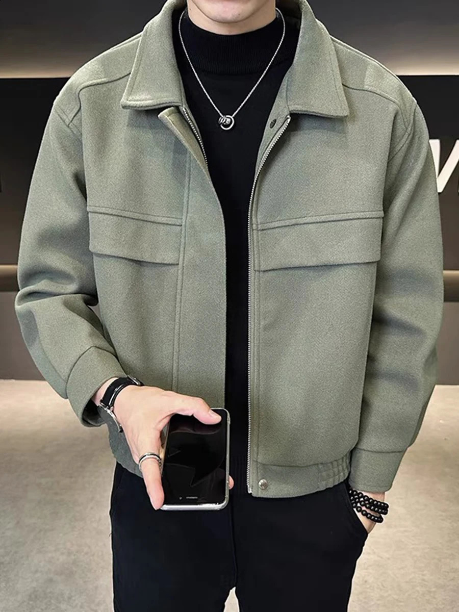mens wool coat Korean short spring autumn solid color pattern tight zipper dress clothing E09 240904